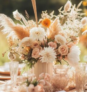A collection of boho wedding centerpieces showcasing natural elements, earthy materials, and whimsical touches, ideal for creating a dreamy, romantic atmosphere at your celebration.