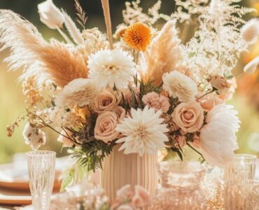 A collection of boho wedding centerpieces showcasing natural elements, earthy materials, and whimsical touches, ideal for creating a dreamy, romantic atmosphere at your celebration.