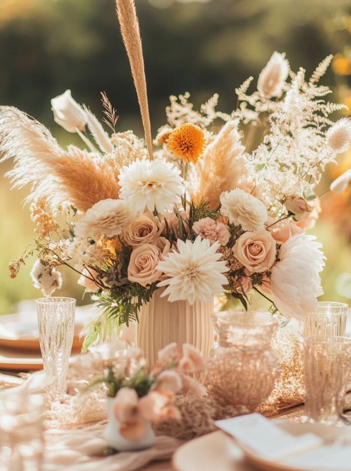 A collection of boho wedding centerpieces showcasing natural elements, earthy materials, and whimsical touches, ideal for creating a dreamy, romantic atmosphere at your celebration.