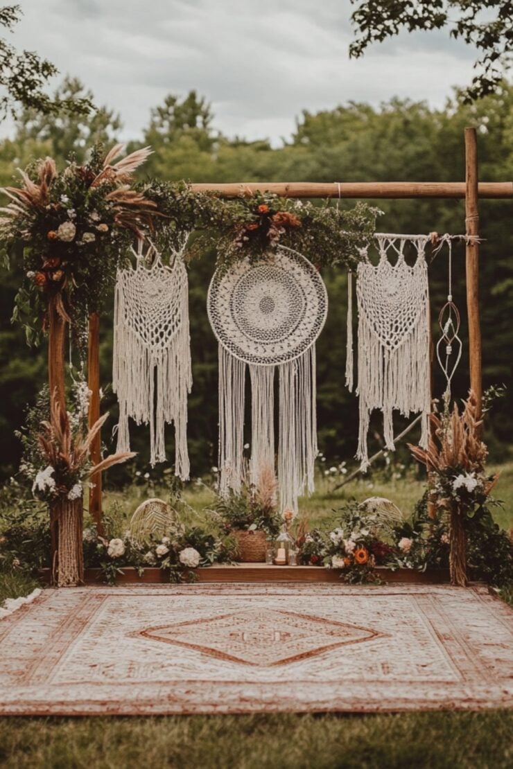 A beautifully decorated boho wedding ceremony with macramé backdrops, dreamcatchers, and greenery, set outdoors under soft, natural lighting.