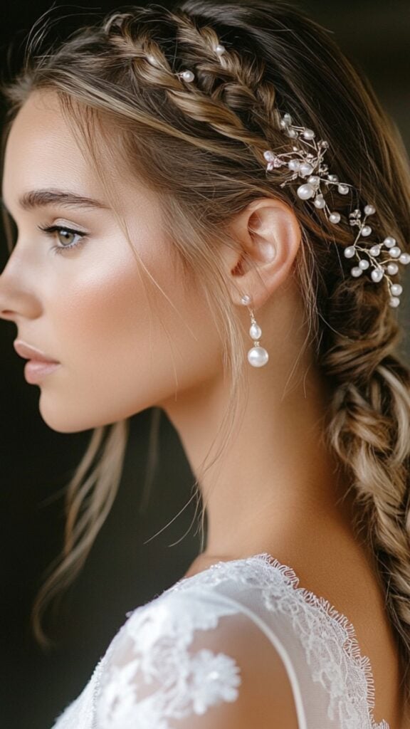A bride with a mid-height braided ponytail, styled with texture and accessorized with pearl pins. The hairstyle is sleek yet relaxed, ideal for a contemporary wedding theme.