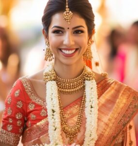 A glowing bride in a designer blouse and saree, walking confidently down the aisle, embodying elegance and reflecting her personal style on her wedding day.