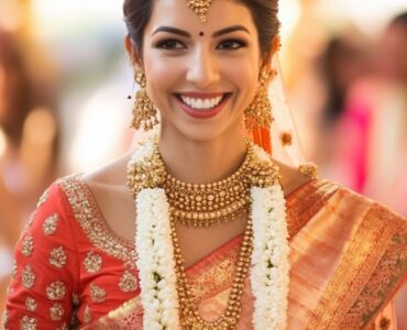 A glowing bride in a designer blouse and saree, walking confidently down the aisle, embodying elegance and reflecting her personal style on her wedding day.