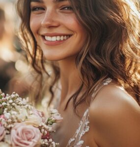 A close-up of a woman in an elegant dress holding a bouquet of flowers, surrounded by friends and family at an outdoor bridal shower, smiling and enjoying the celebration.