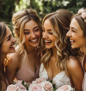A wedding party with bridesmaids styled in different elegant updos, standing outdoors with bouquets, radiating joy and confidence.