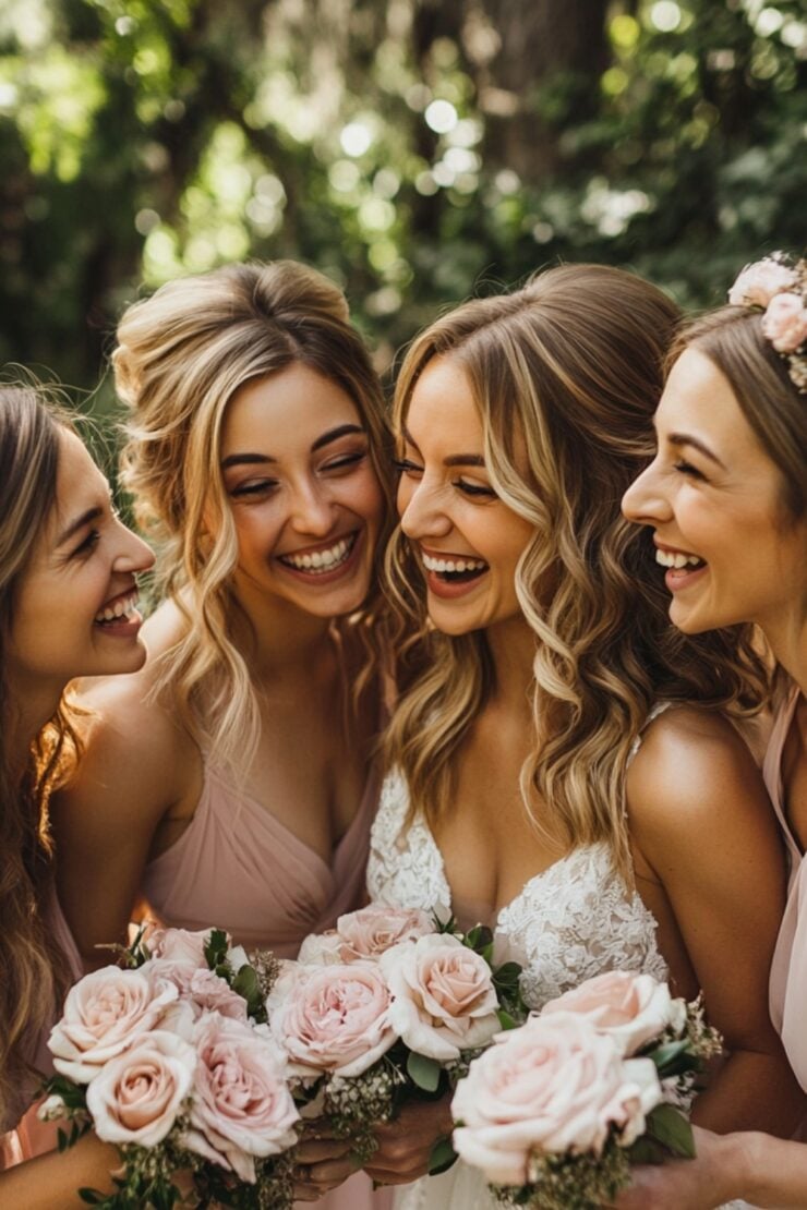 A wedding party with bridesmaids styled in different elegant updos, standing outdoors with bouquets, radiating joy and confidence.