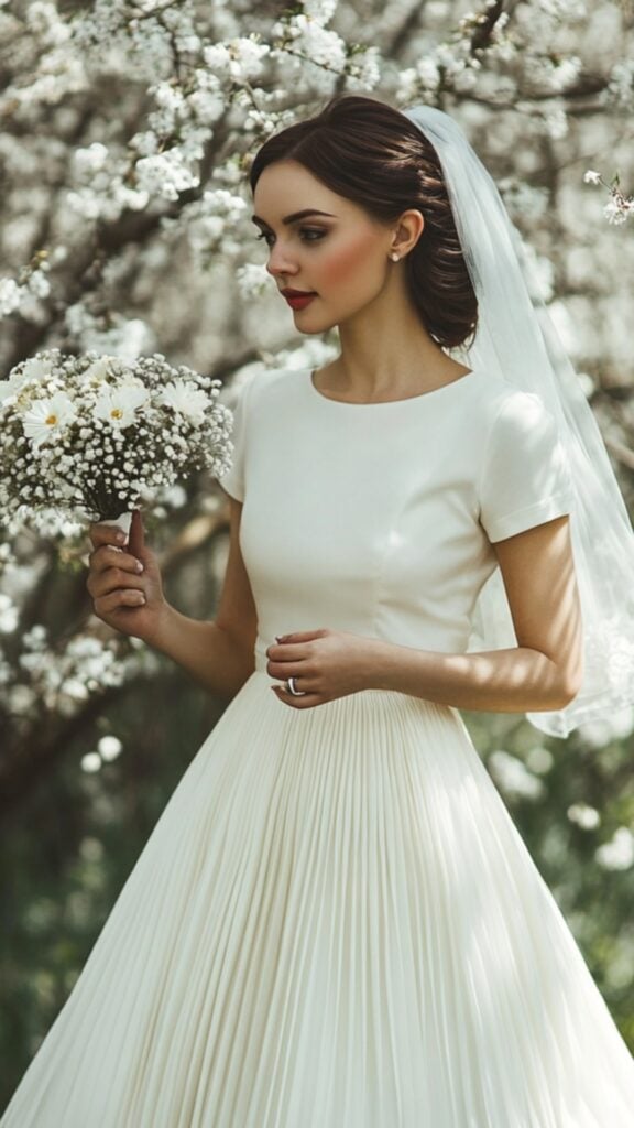 Bride in a cap sleeve midi wedding dress with a pleated skirt, perfect for modest spring weddings, accessorized with vintage-inspired heels and a veil.