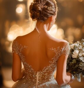 A bride in a sparkling Cinderella-inspired gown, holding a bouquet and walking gracefully down the aisle. The dress symbolizes elegance and romance, capturing the essence of a fairy-tale happily-ever-after moment.