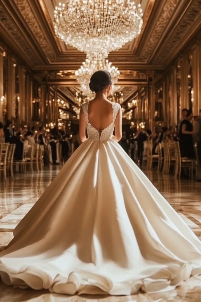 A bride in a classic ball gown with a fitted bodice and full skirt, walking down an elegant ballroom aisle with a chandelier overhead, exuding a fairytale-like grace.