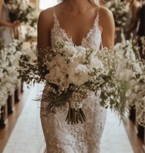 A confident bride walking down the aisle in a classic wedding dress, radiating sophistication and joy, with a backdrop of loved ones and a beautifully decorated venue.
