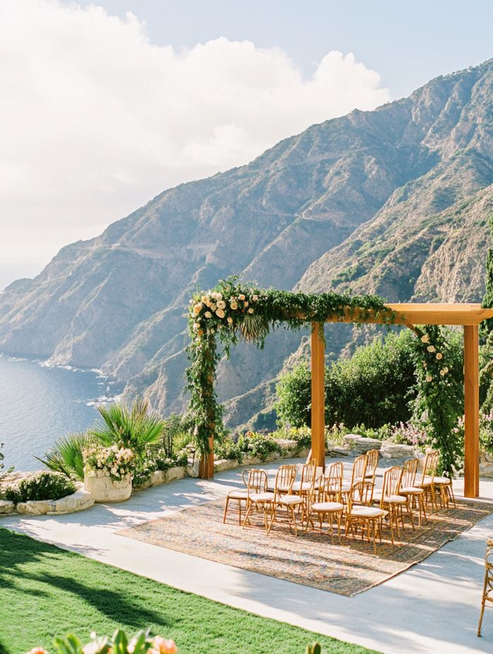 Cliffside wedding with dramatic views of mountain peaks or coastal cliffs, featuring a wooden arch and minimalist seating.
