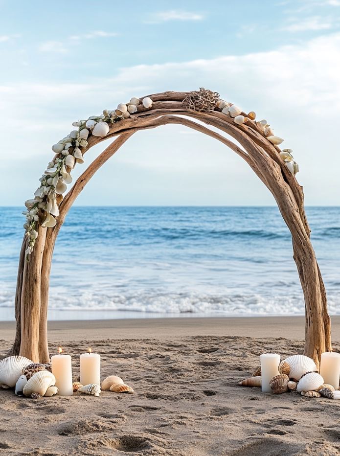 Beachside wedding with a driftwood arch, ocean waves in the background, and natural decor like seashells and candles.