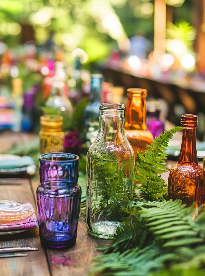 Colorful glass bottles filled with ferns, creating a vibrant and playful boho centerpiece with a mix of vintage glass and lush greenery.