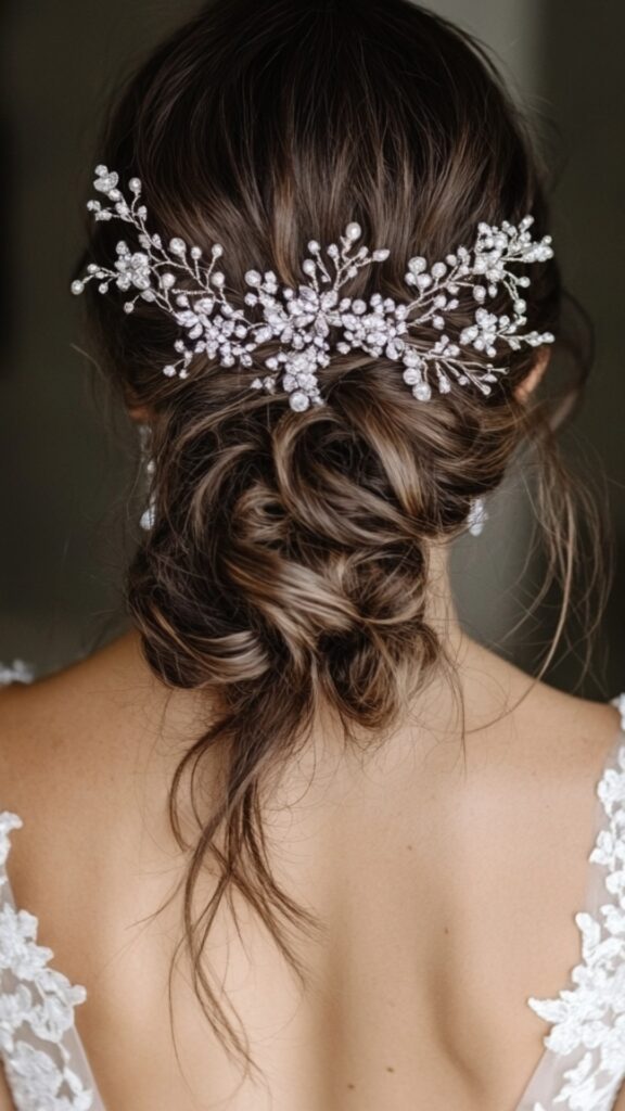 A bride standing with her back to the camera, revealing her perfectly styled hair adorned with elegant accessories. She’s ready to walk down the aisle, radiating confidence and joy.