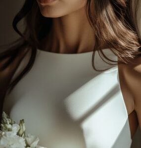 A close-up of a bride wearing a sleek, minimalist crepe wedding dress with a matte finish, standing in a softly lit room with a bouquet of white flowers.