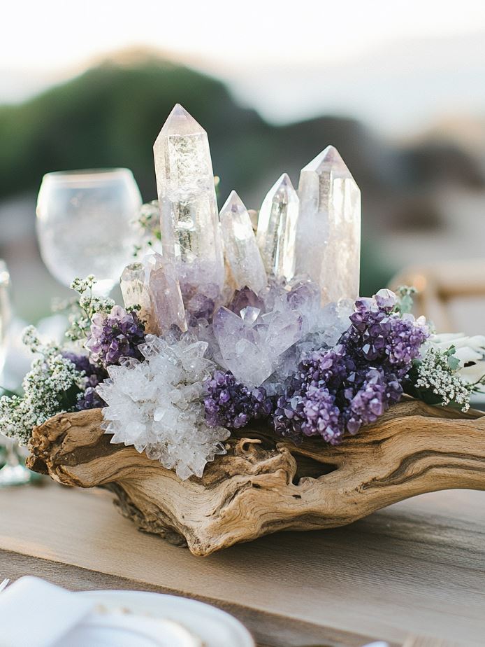 A rustic centerpiece featuring driftwood and raw crystals such as quartz and amethyst, evoking a natural and magical boho vibe for the wedding table.