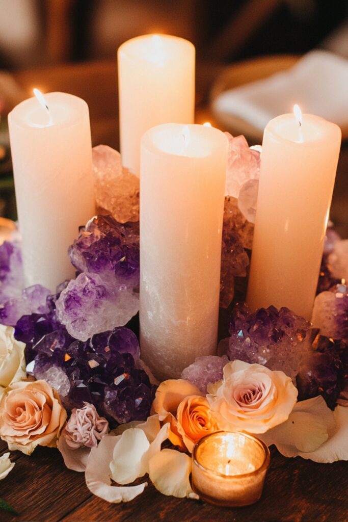 A boho wedding centerpiece featuring raw amethyst, rose quartz, and citrine crystals, surrounded by white pillar candles and delicate floral petals.