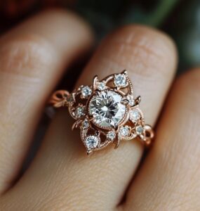 A close-up image of a hand presenting a custom engagement ring in a unique setting, showcasing its intricate design and sparkling gemstone. The image symbolizes love and individuality in the context of bespoke jewelry.