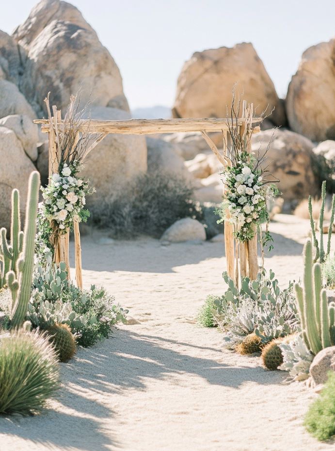 Outdoor desert wedding with cacti, rock formations, and minimal decor featuring wooden arches and succulent arrangements.