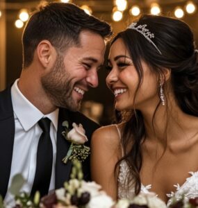 A newlywed couple celebrating at a stylish wedding reception with budget-friendly decorations, showcasing elegant Dollar Tree-inspired table decor and lighting.