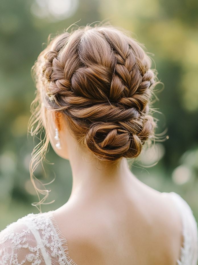 Bridesmaid with a double braided updo, featuring two braids woven into an elegant, textured hairstyle that’s both unique and sophisticated.