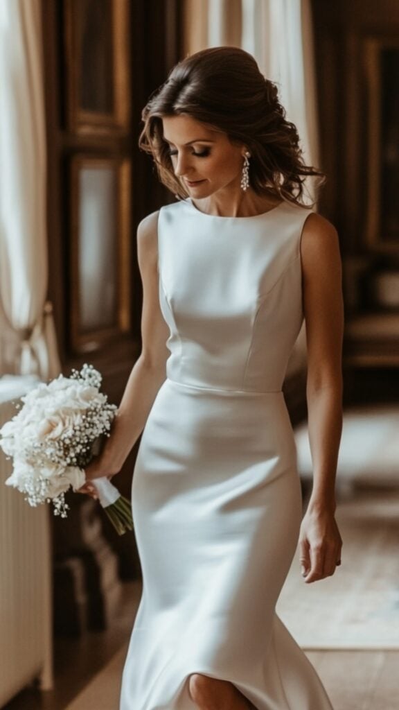 Bride wearing an elegant satin midi wedding dress with a sleek, fitted silhouette and a subtle sheen, styled with delicate heels and understated accessories.