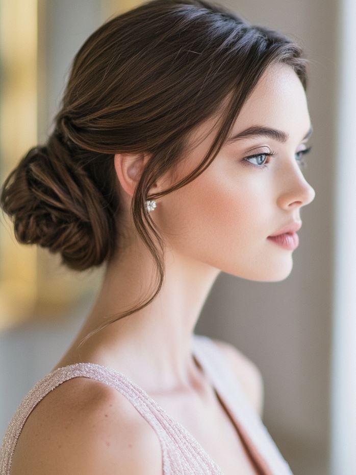Bridesmaid with an elegant side chignon, gathered into a low bun positioned at the side of the neck for an asymmetrical, sophisticated style.