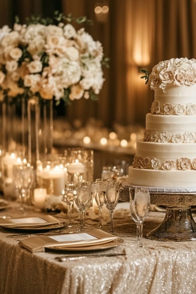 A wedding cake table with luxurious linens, candles, and metallic accents, showcasing a sophisticated and cohesive design.