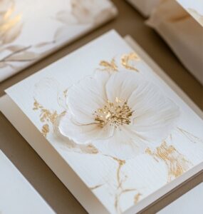 Close-up image of a wedding invitation suite featuring an array of elegant styles, including gold foil, floral designs, and minimalist accents.