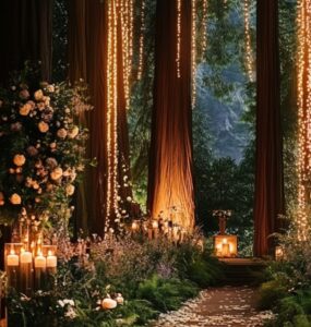 A magical forest wedding ceremony setup with soft lighting, lush greenery, and towering trees, creating a dreamy fairytale atmosphere.