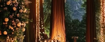 A magical forest wedding ceremony setup with soft lighting, lush greenery, and towering trees, creating a dreamy fairytale atmosphere.