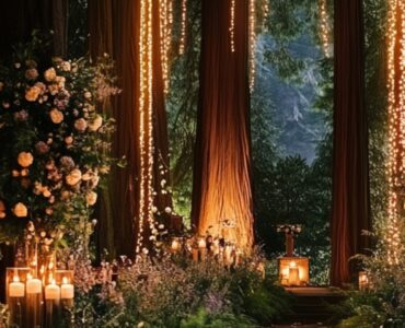 A magical forest wedding ceremony setup with soft lighting, lush greenery, and towering trees, creating a dreamy fairytale atmosphere.