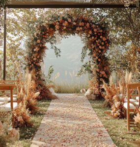 A dreamy wedding ceremony scene with a stylish altar, showcasing personalized touches and floral accents, symbolizing the love and union being celebrated.
