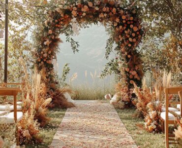 A dreamy wedding ceremony scene with a stylish altar, showcasing personalized touches and floral accents, symbolizing the love and union being celebrated.