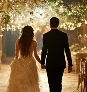 A happy bride and groom walking hand in hand in a beautifully lit, magical wedding venue, surrounded by fairy tale-inspired decor.