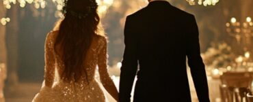 A happy bride and groom walking hand in hand in a beautifully lit, magical wedding venue, surrounded by fairy tale-inspired decor.