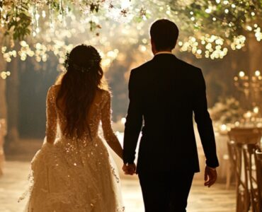 A happy bride and groom walking hand in hand in a beautifully lit, magical wedding venue, surrounded by fairy tale-inspired decor.