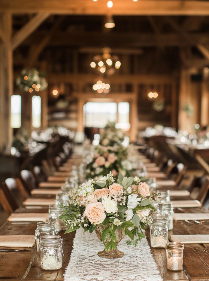 Elegant farmhouse wedding with vintage furniture, mason jar centerpieces, wooden tables, and a rustic barn reception.