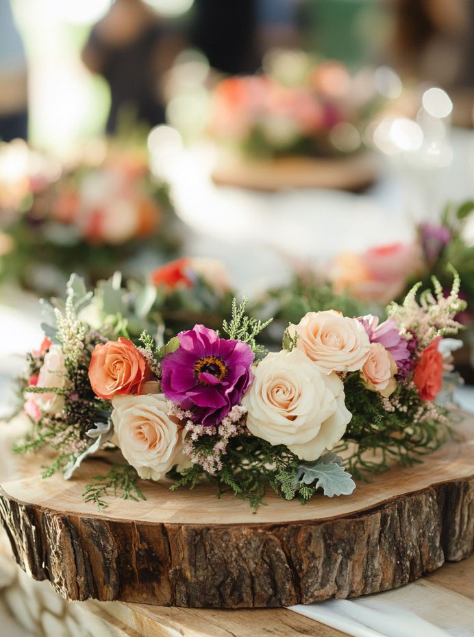 Floral crowns placed atop rustic wooden slabs, combining natural wood and fresh flowers to create an enchanting, boho-inspired centerpiece.