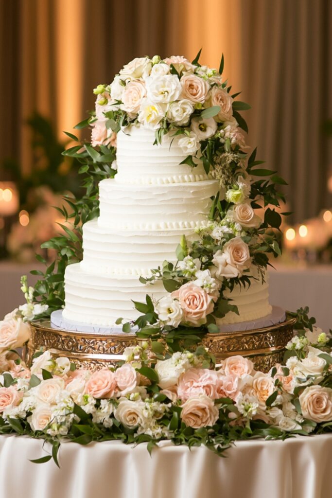 Cascading fresh flowers and greenery surrounding a wedding cake, creating a romantic and elegant ambiance on the cake table.