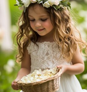 A heartwarming scene of a young flower girl holding a small basket of petals, her hair styled in soft curls with a delicate floral crown, walking down an outdoor aisle surrounded by flowers.