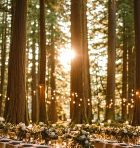 A romantic forest wedding setup with tall trees, soft moss, and sunlight streaming through the canopy, creating a serene and magical atmosphere for an intimate celebration of love.