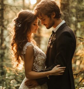 A couple in the middle of a forest wearing a stunning Forest Wedding Attire.