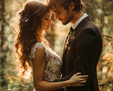 A couple in the middle of a forest wearing a stunning Forest Wedding Attire.