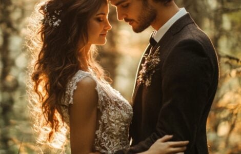 A couple in the middle of a forest wearing a stunning Forest Wedding Attire.