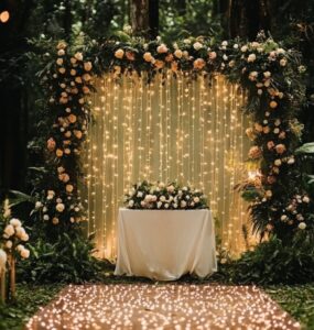 A romantic forest wedding ceremony setup with lush greenery, fairy lights, and an elegant floral backdrop.