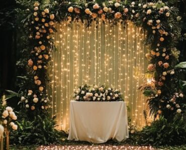 A romantic forest wedding ceremony setup with lush greenery, fairy lights, and an elegant floral backdrop.