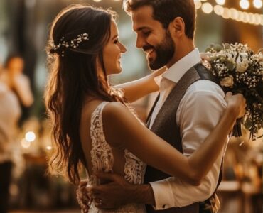 A couple dancing in a forest wedding setting with warm string lights and personalized decorations, creating a magical and romantic ambiance.