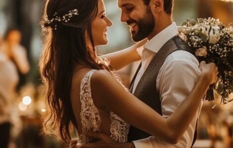 A couple dancing in a forest wedding setting with warm string lights and personalized decorations, creating a magical and romantic ambiance.