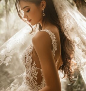 A bride in her dream wedding dress standing under a forest canopy, embracing the enchanting atmosphere of a nature-filled celebration.